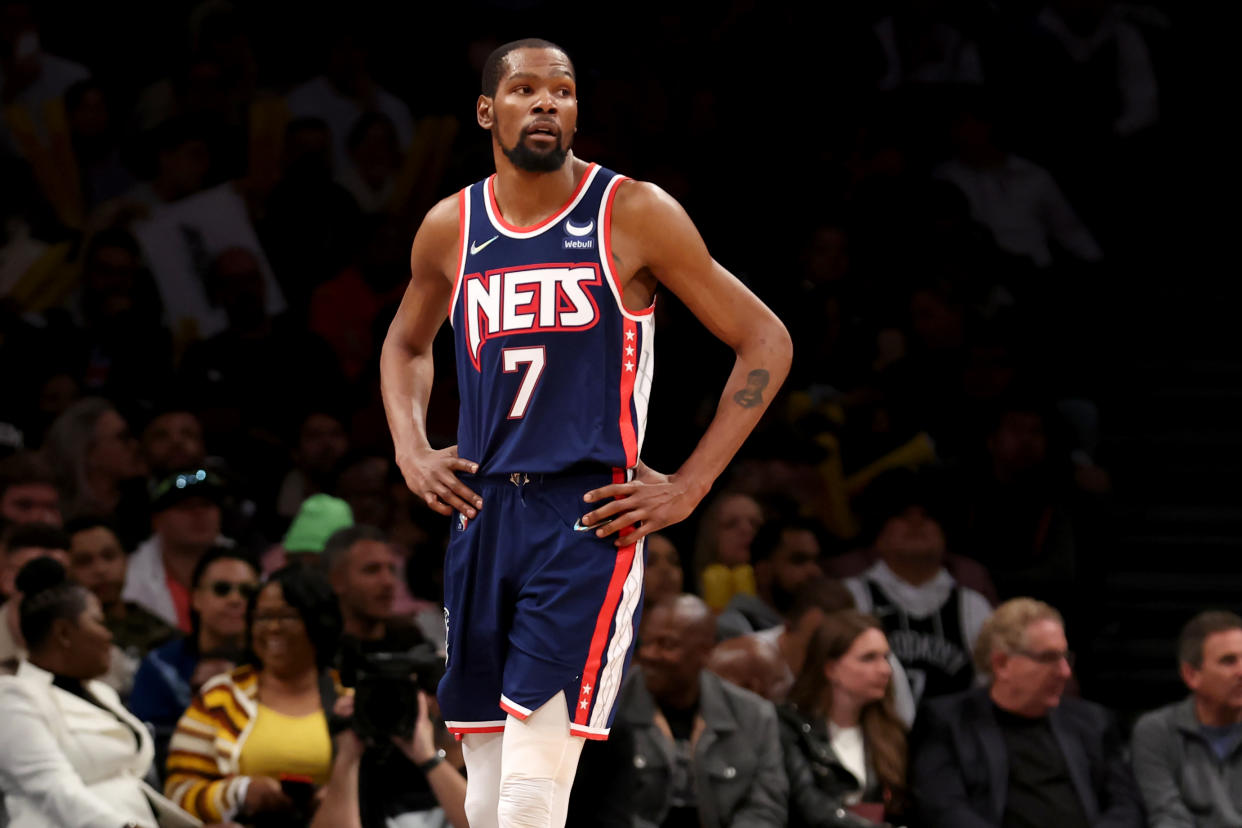 Apr 25, 2022; Brooklyn, New York, USA; Brooklyn Nets forward Kevin Durant (7) reacts during the second quarter of game four of the first round of the 2022 NBA playoffs against the Boston Celtics at Barclays Center. Mandatory Credit: Brad Penner-USA TODAY Sports