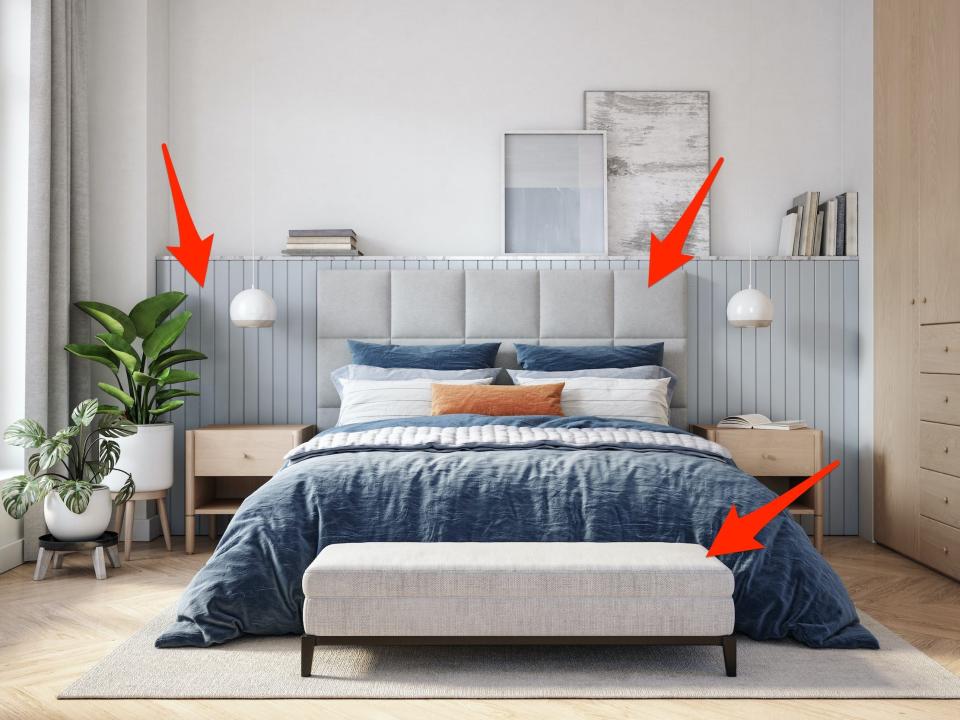 A bedroom with arrows pointing to the wall, headboard, and a bench.