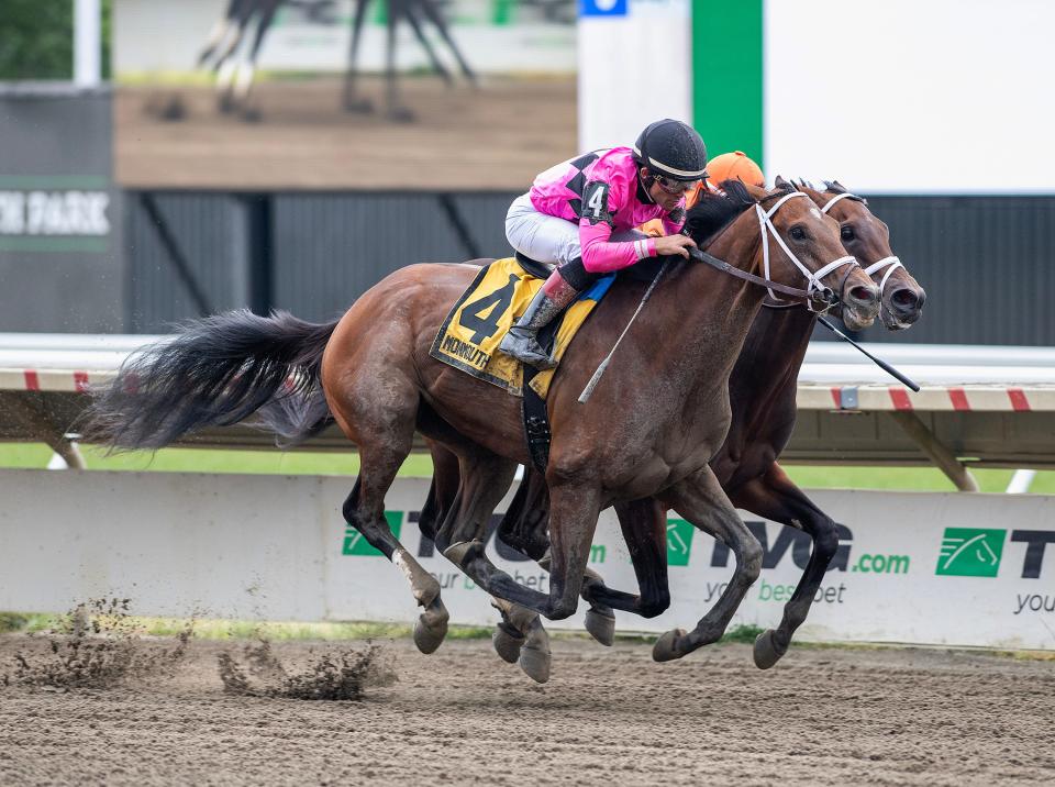 Salute The Stars (4), with Joel Rosario riding, defeats Kingsbarns and jockey Luis Saez to win the $150,000 Pegasus Stakes Monmouth Park Racetrack in Oceanport, N,J., on Saturday June 17, 2023.