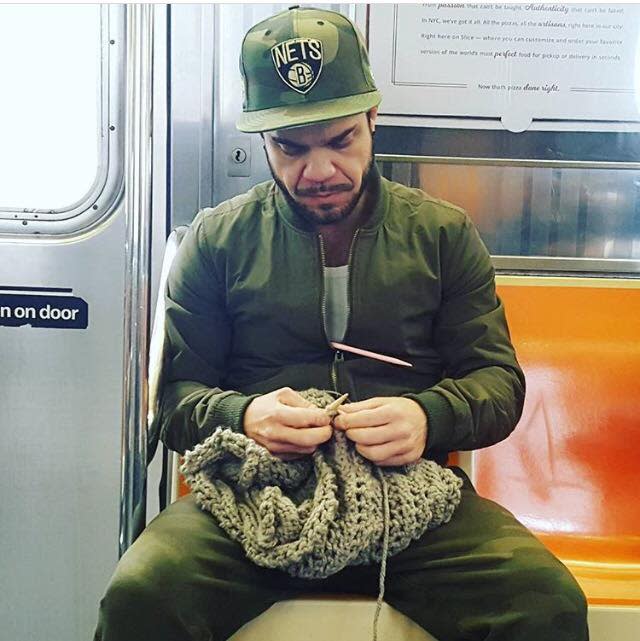 After singer Frenchie Davis shared a photo of Louis Boria knitting on the train, he has seen a rise in demand for his knitting business. (Photo: Facebook/Frenchie Davis)