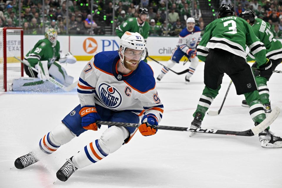 May 23, 2024; Dallas, Texas, USA; Edmonton Oilers center Connor McDavid (97) skates against the Dallas Stars during the first period in game one of the Western Conference Final of the 2024 Stanley Cup Playoffs at American Airlines Center. Mandatory Credit: Jerome Miron-USA TODAY Sports