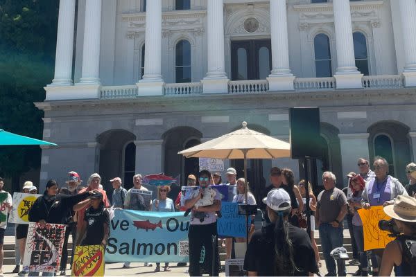 Tribes and conservation organizations rallied at the California State Capitol on Wednesday, July 5 to demonstrate they are united in increasing protections to protect water ecosystems in northern California. (Photo courtesy of Regina Chichizola)