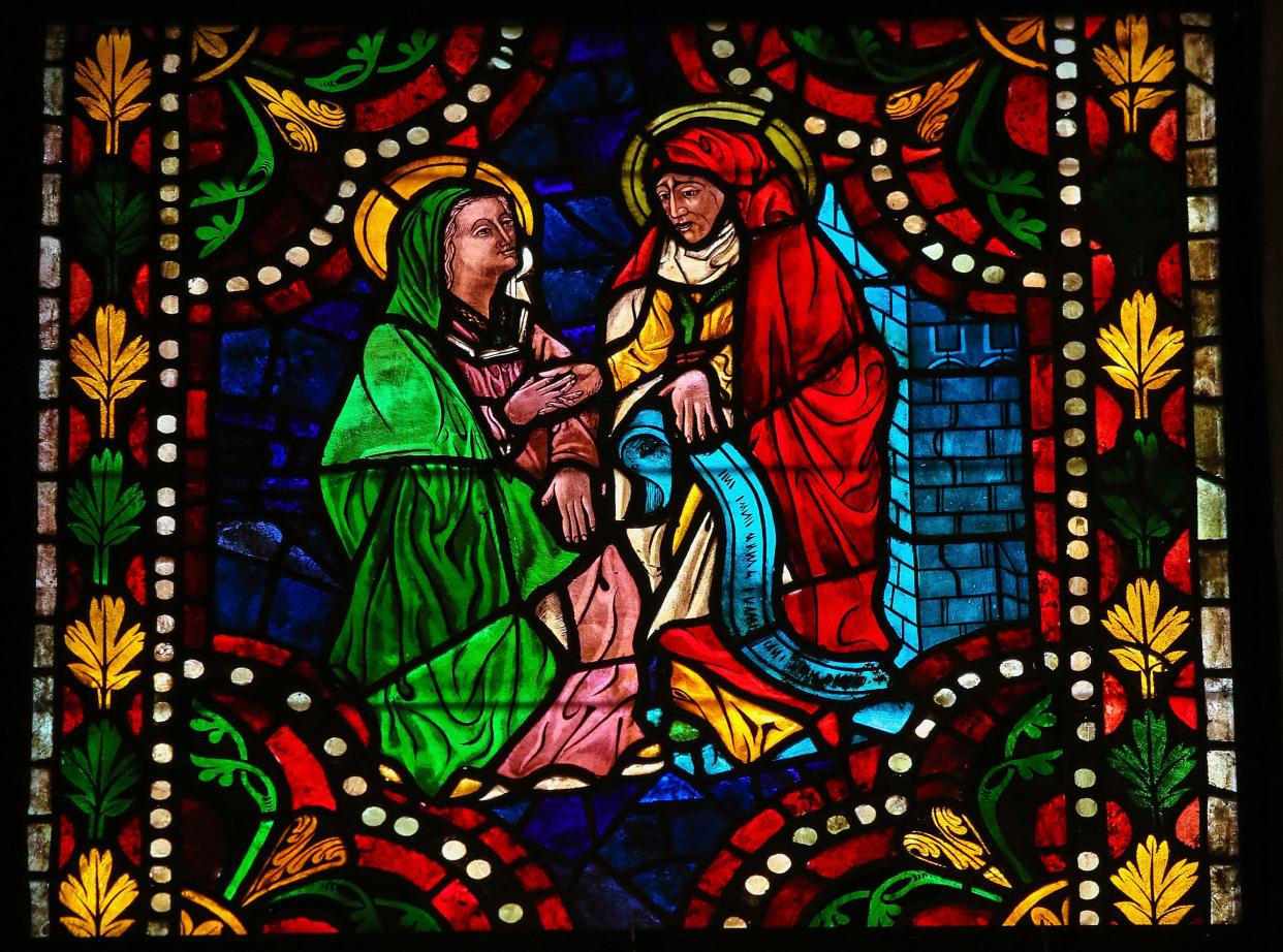 This stained glass window  in the cathedral of Leon, Castille and Leon, Spain, depicts the Visitation, the visit of Mary with Elizabeth.