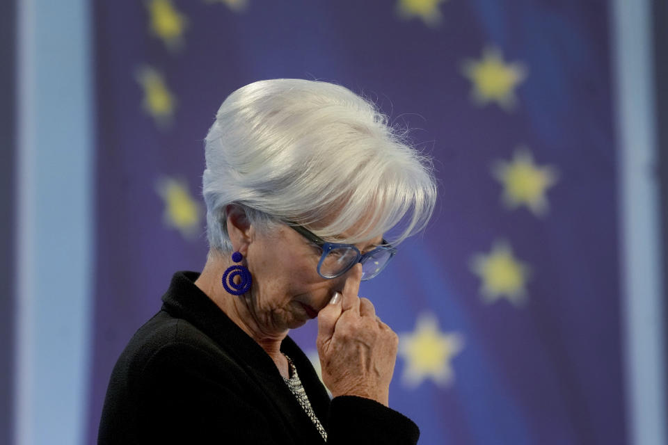 Christine Lagarde, President of the European Central Bank, arrives for a press conference after a meeting of the ECB's governing council in Frankfurt, Germany, Thursday, May 4, 2023. (AP Photo/Michael Probst)