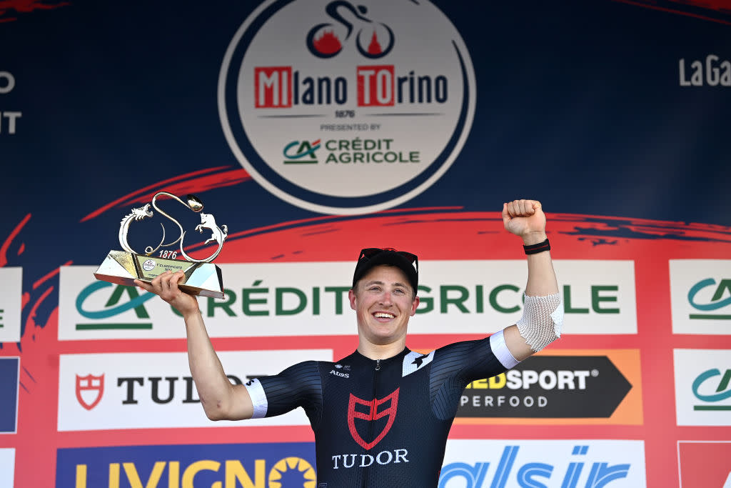  ORBASSANO ITALY  MARCH 15 Arvid De Kleijn of The  and Tudor Pro Cycling Team celebrates at podium as race winner during the 104th MilanoTorino 2023 a 192km one day race from Rho to Orbassano  MilanoTorino  on March 15 2023 in Orbassano Italy Photo by Tim de WaeleGetty Images 