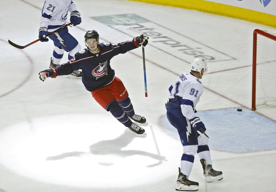 Columbus Blue Jackets center Alexandre Texier (42) celebrates his goal against Tampa Bay Lightning during the 3rd period in Game 4 in the first round of the NHL Stanley Cup Playoffs at Nationwide Arena in Columbus, Ohio on April 16, 2019. [Kyle Robertson/Dispatch]