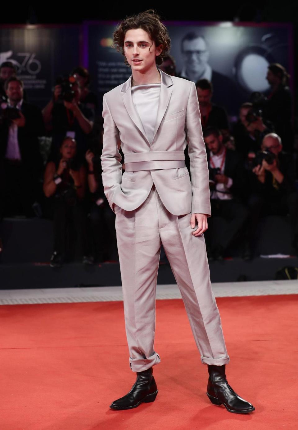 Chalamet takes the carpet in Ackermann at the Venice Film Festival, 2019 (Getty Images)