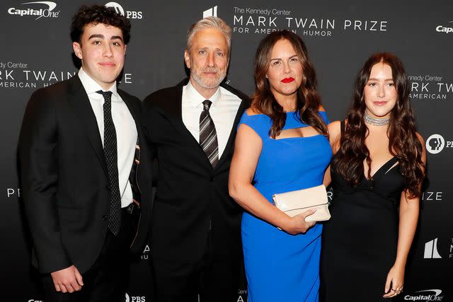 <p>Paul Morigi/Getty </p> Jon and Tracey Stewart with their kids, son Nathan Thomas and daughter Maggie Rose in April 2022.