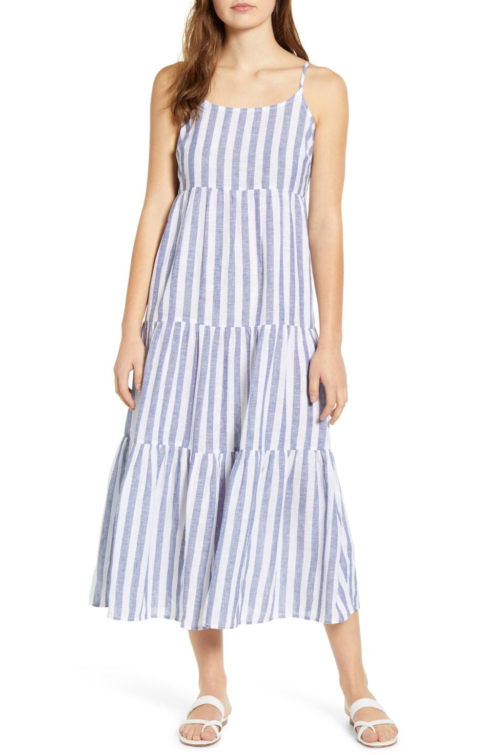 beachlunchlounge Lana Stripe Linen & Cotton Tiered Midi Sundress