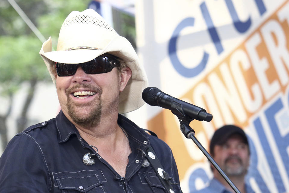 FILE - Country music recording artist Toby Keith performs on NBC's Today show at Rockefeller Plaza on Friday, July 5, 2019, in New York. This year, the CMT Music Awards will feature a tribute to the late Toby Keith, performed by Brooks & Dunn, Lainey Wilson and Sammy Hagar, backed by Keith’s long-time live band. (Photo by Greg Allen/Invision/AP, File)