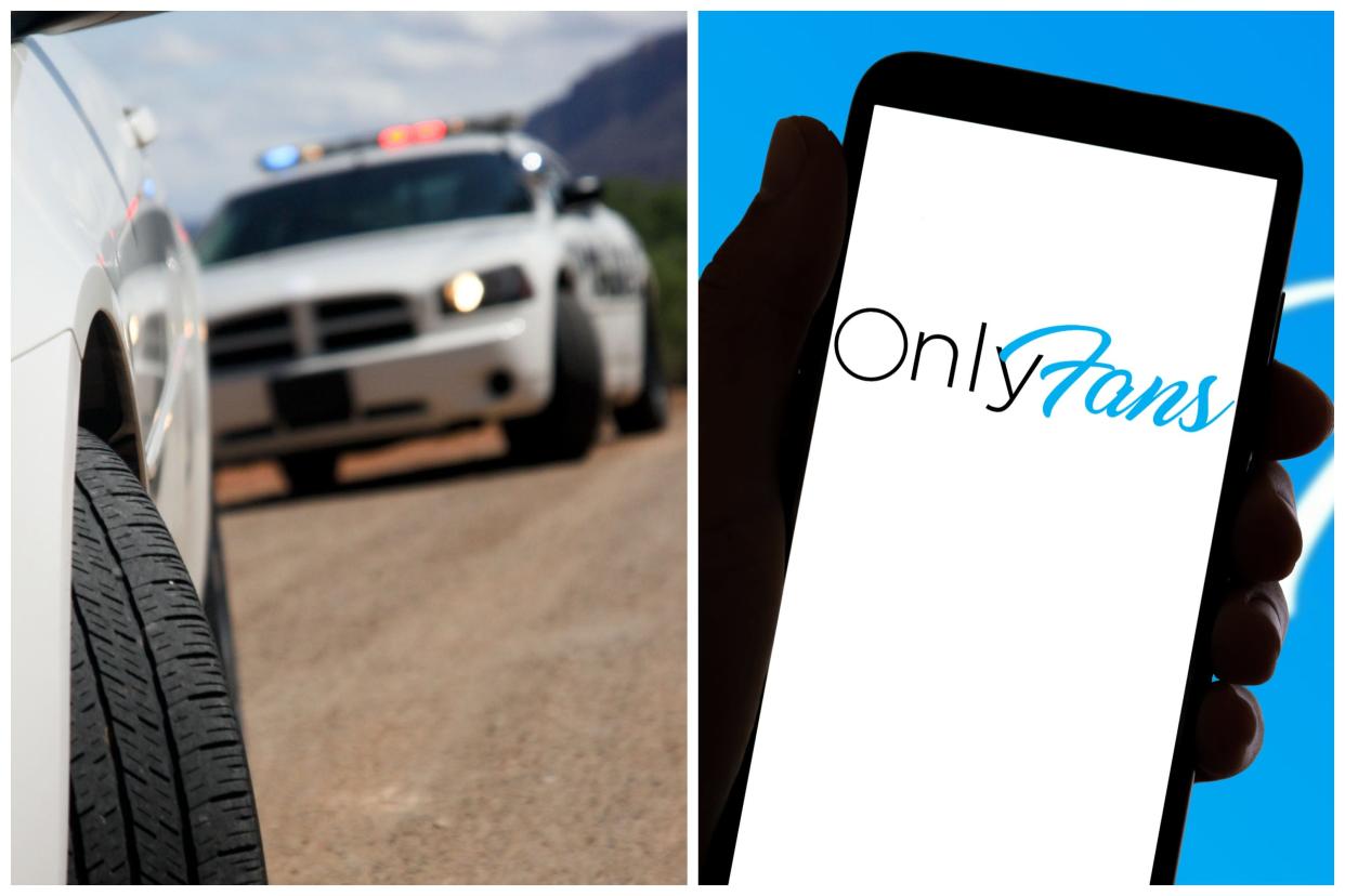 A police car, left, and OnlyFans on a cell phone, right, in a composite image.