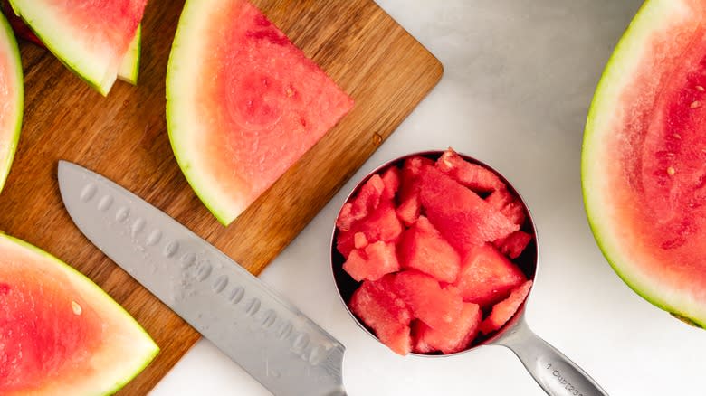 Chopped watermelon on cutting board