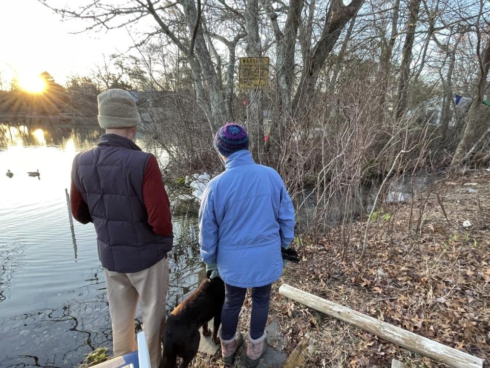 Steve Waller and his wife, Jane Ward, with their dog Rosie, watch for herring starting to return to Centerville's Long Pond on April 3.