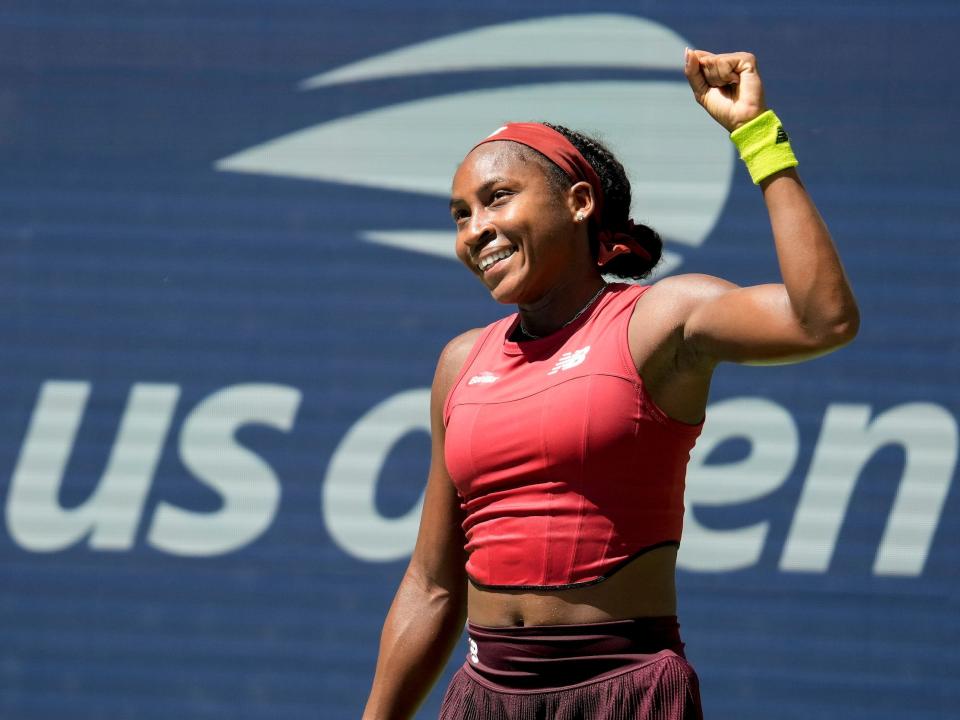 Coco Gauff celebrates a win at the 2023 US Open.