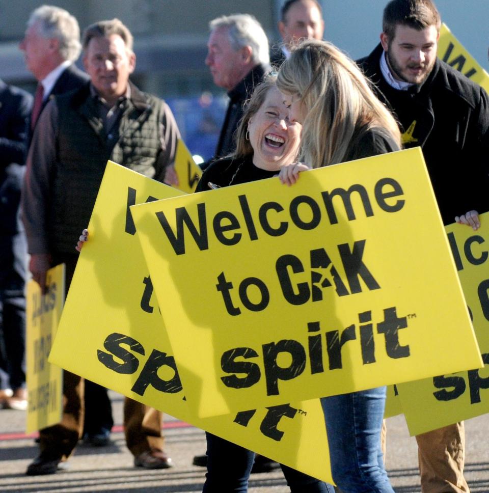Workers welcome Spirit Airlines to the Akron-Canton Airport in 2016.