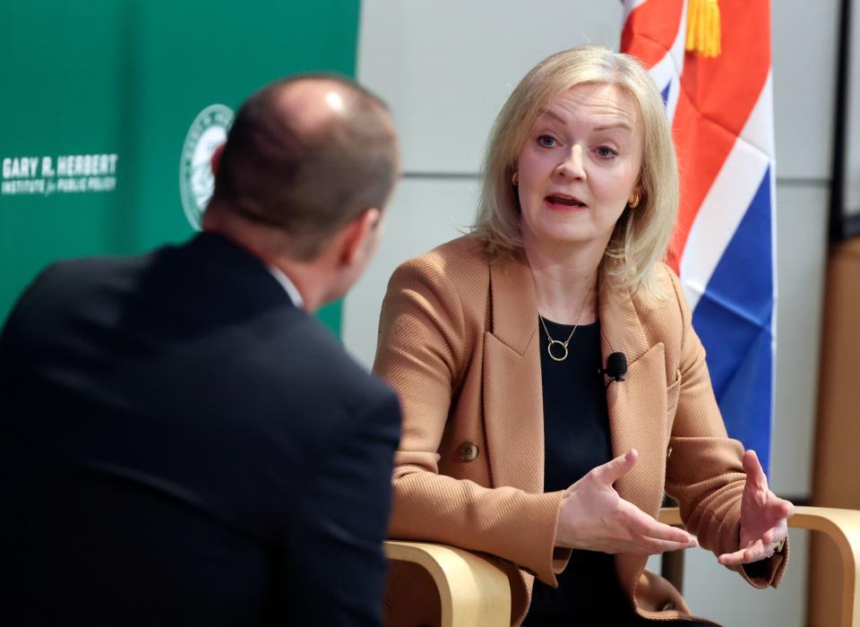 Sen. Mike Lee, R-Utah, and former British Prime Minister Liz Truss talk about “The Importance of the U.S.-U.K. Bilateral Relationship” during a Gary R. Herbert Institute for Public Policy Forum at Utah Valley University in Orem on Tuesday, Feb. 20, 2024. | Kristin Murphy, Deseret News