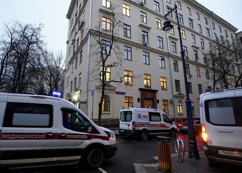 Ambulances are seen near the CityÊPolyclinic Number 3, where Russia's "Sputnik V" COVID-19 vaccine is being tested in Moscow