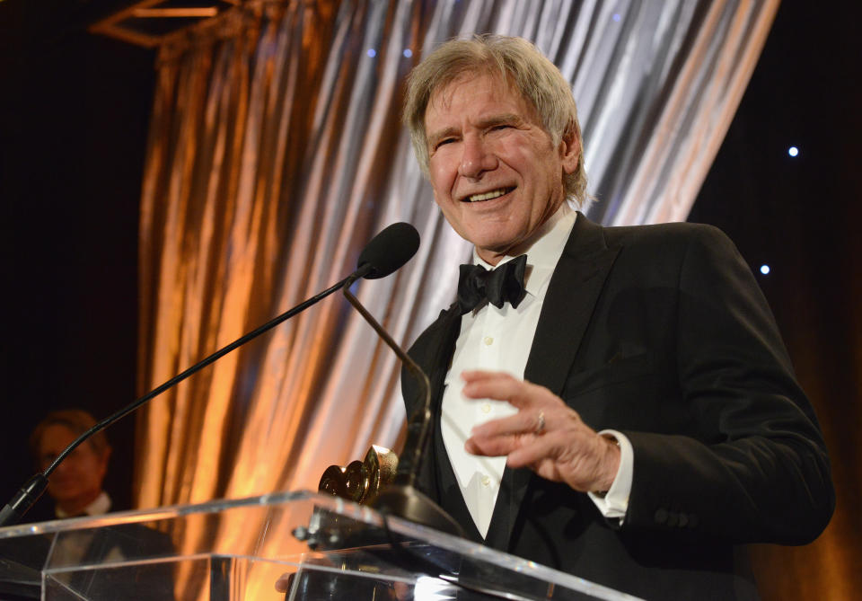 HOLLYWOOD, CA - JANUARY 26:  Actor Harrison Ford accepts the SOC President's Award at The Society Of Camera Operators 40th Annual Lifetime Achievement Awards held at Loews Hollywood Hotel on January 26, 2019 in Hollywood, California.  (Photo by Albert L. Ortega/Getty Images)