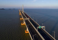 <p>An aerial view of the 34-mile sea-crossing bridge between Hong Kong, Zhuhai and Macau. (Getty) </p>