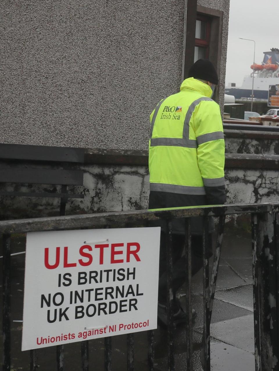 An anti-NI Protocol sign near the entrance to Larne Port (Liam McBurney/PA) (PA Archive)