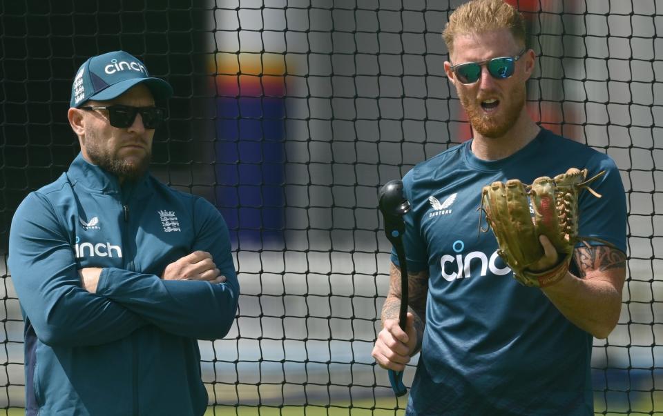 Brendon McCullum and Ben Stokes of England look on during a training session before Thursday's Test match between England and Ireland at Lord's Cricket Ground - Ben Stokes will ‘definitely be bowling’ this summer – Brendon McCullum - Getty Images/Philip Brown