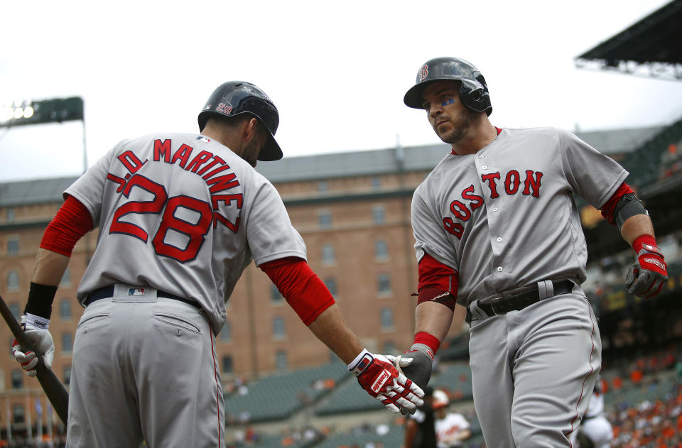 Boston Red Sox’s Steve Pearce, right, greets teammate J.D. Martinez after rounding the bases on a solo home run in the first inning of a baseball game against the Baltimore Orioles, Sunday, Aug. 12, 2018, in Baltimore. (AP Photo/Patrick Semansky)