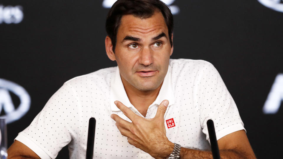 Roger Federer, pictured here speaking to the media at the 2020 Australian Open in January.