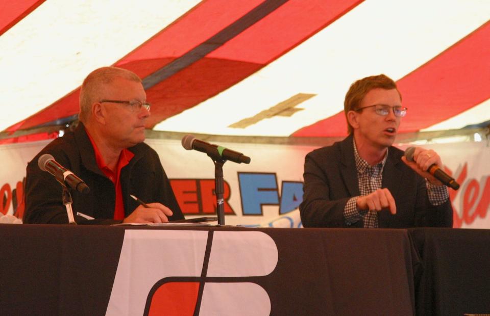 South Dakota Farm Bureau President Scott VanderWal moderates a Farm Bill discussion with U.S. Rep. Dusty Johnson, R-S.D., Friday at the Brown County Fair.