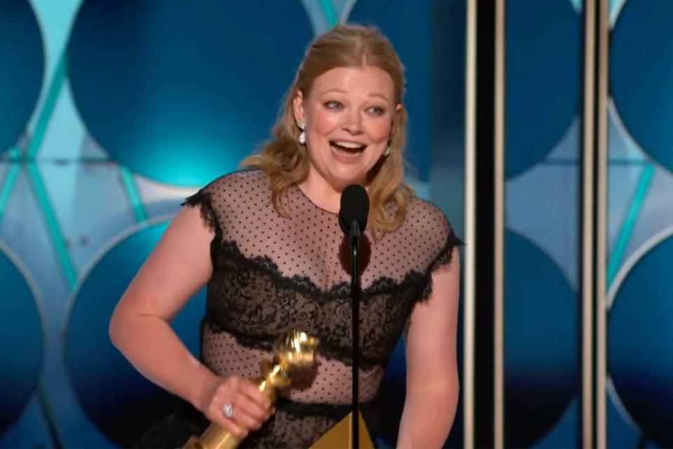 <p>CBS</p> Sarah Snook winning at the Golden Globes 2024