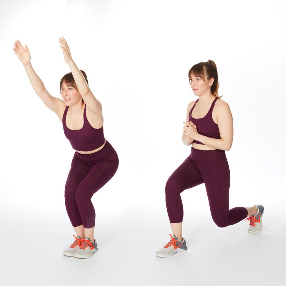 woman demonstrating chair pose back lunge outer thigh exercise
