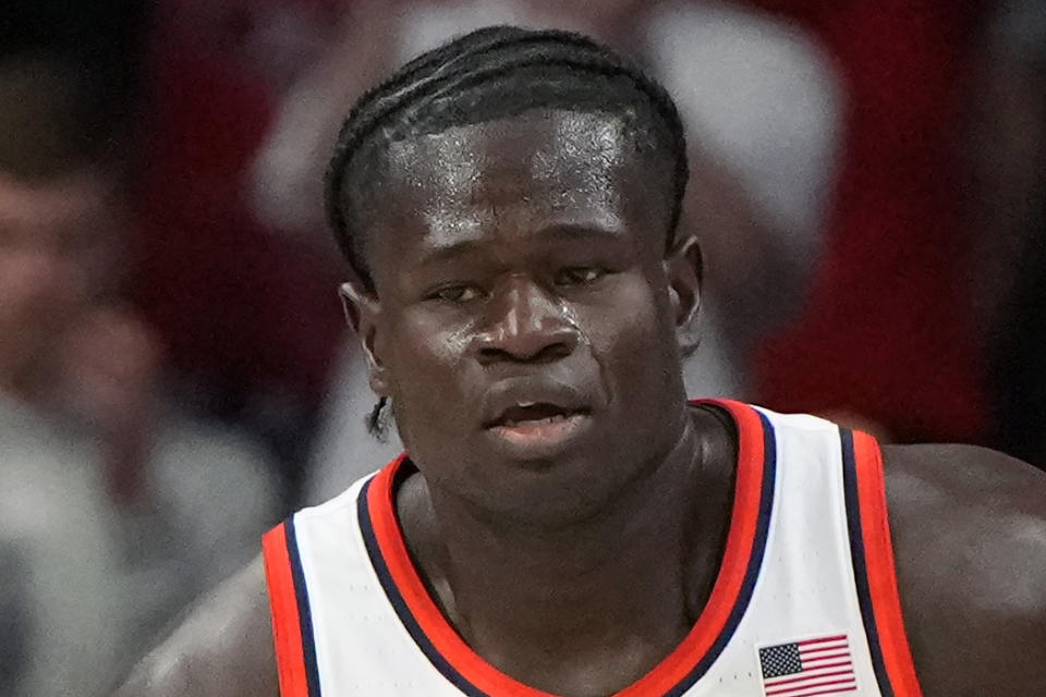 FILE - Arizona center Oumar Ballo plays during the second half of an NCAA college basketball game against Texas-Arlington, Sunday, Nov. 19, 2023, in Tucson, Ariz. Ballo was selected to the AP All-Pac-12 first team in voting released Tuesday, March 12, 2024.(AP Photo/Rick Scuteri)