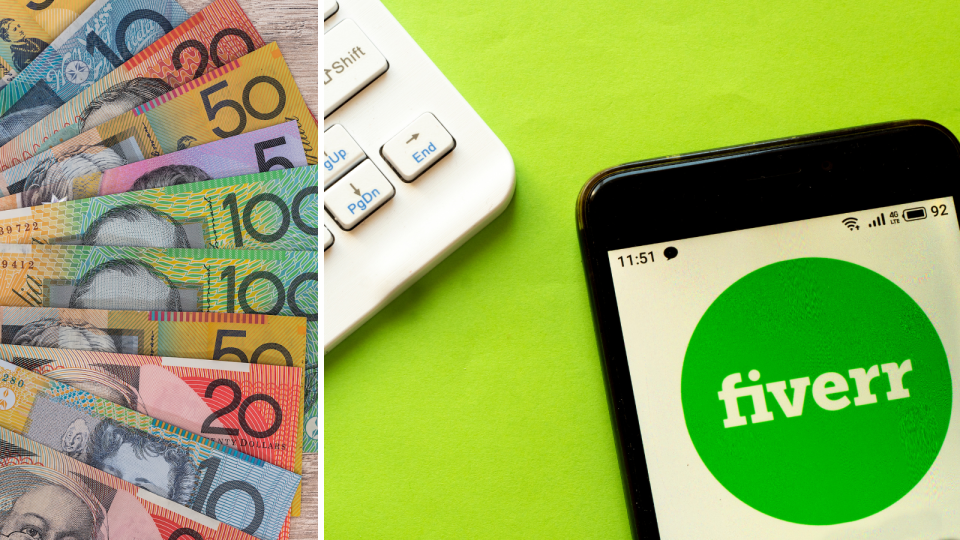 Australian currency and the Fiverr logo on a smart phone.