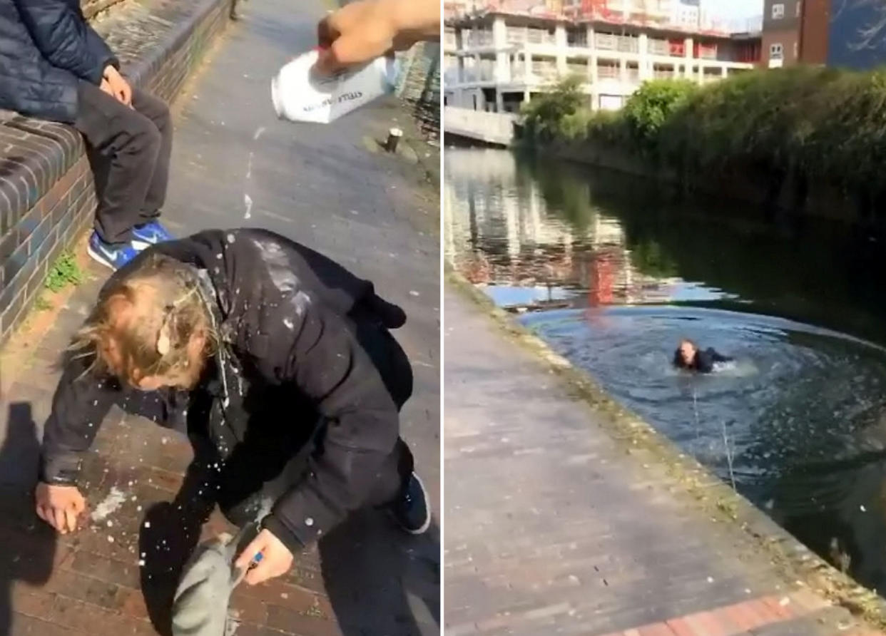 This is the sickening moment a pair of yobs laughed as they pushed a homeless man into a canal (Picture: SWNS)