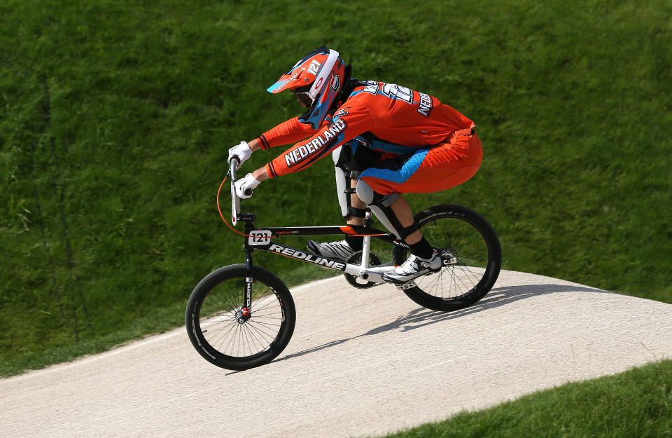 LONDON, ENGLAND - AUGUST 09: Raymon van der Biezen of the Netherlands in action during the Men's BMX Cycling Quarter Finals on Day 13 of the London 2012 Olympic Games at BMX Track on August 9, 2012 in London, England. (Photo by Bryn Lennon/Getty Images)