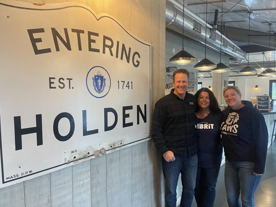 Gathering for a recent visit at Seven Saws Brewery, new start/finish for the Holden Turkey Trot are, from left, Seven Saws Brewery partner Tom Anderson, Be Like Brit co-founder/executive director Cherylann Gengel and Seven Saws general manager Megan Goodale.