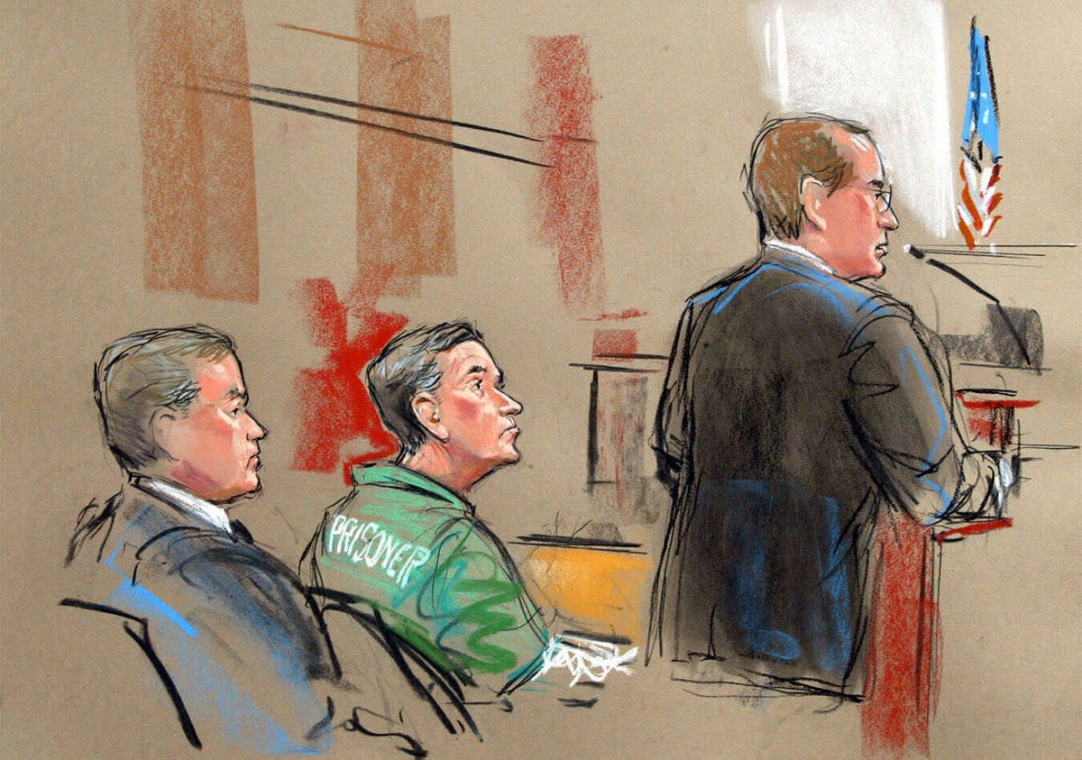In this artist depiction, U.S. Attorney Randy Bellows, right, addresses the court during the sentencing of convicted spy Robert Hanssen (William Hennessy, Jr.)