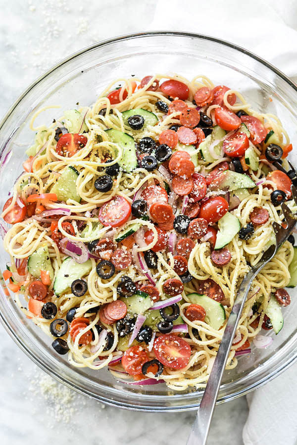 <strong>Get the <a href="https://www.foodiecrush.com/easy-italian-spaghetti-pasta-salad/" target="_blank">Easy Italian Spaghetti Pasta Salad</a> recipe from Foodie Crush</strong>