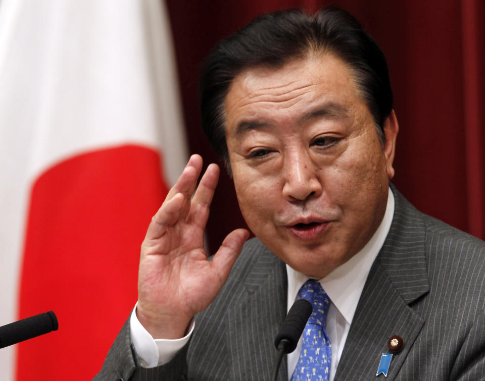 Japanese Prime Minister Yoshihiko Noda reacts during a press conference in Tokyo, Monday, June 4, 2012. Noda's Cabinet resigned en masse Monday to pave way for the minor reshuffle. (AP Photo/Koji Sasahara)