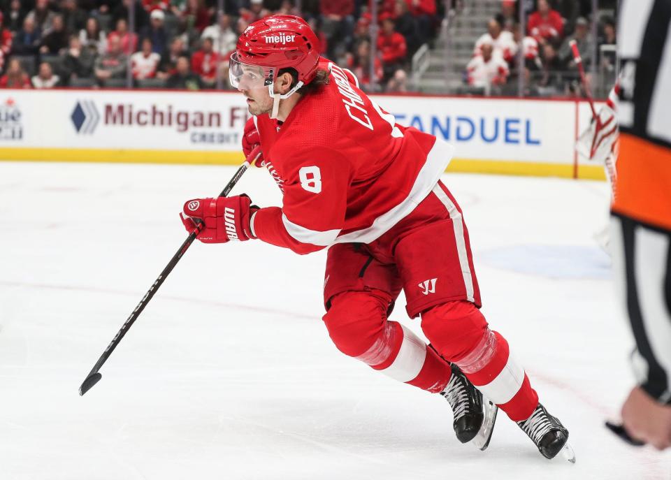 Red Wings defenseman Ben Chiarot makes a pass against the Blackhawks during the second period on Wednesday, March 8, 2023, at Little Caesars Arena.