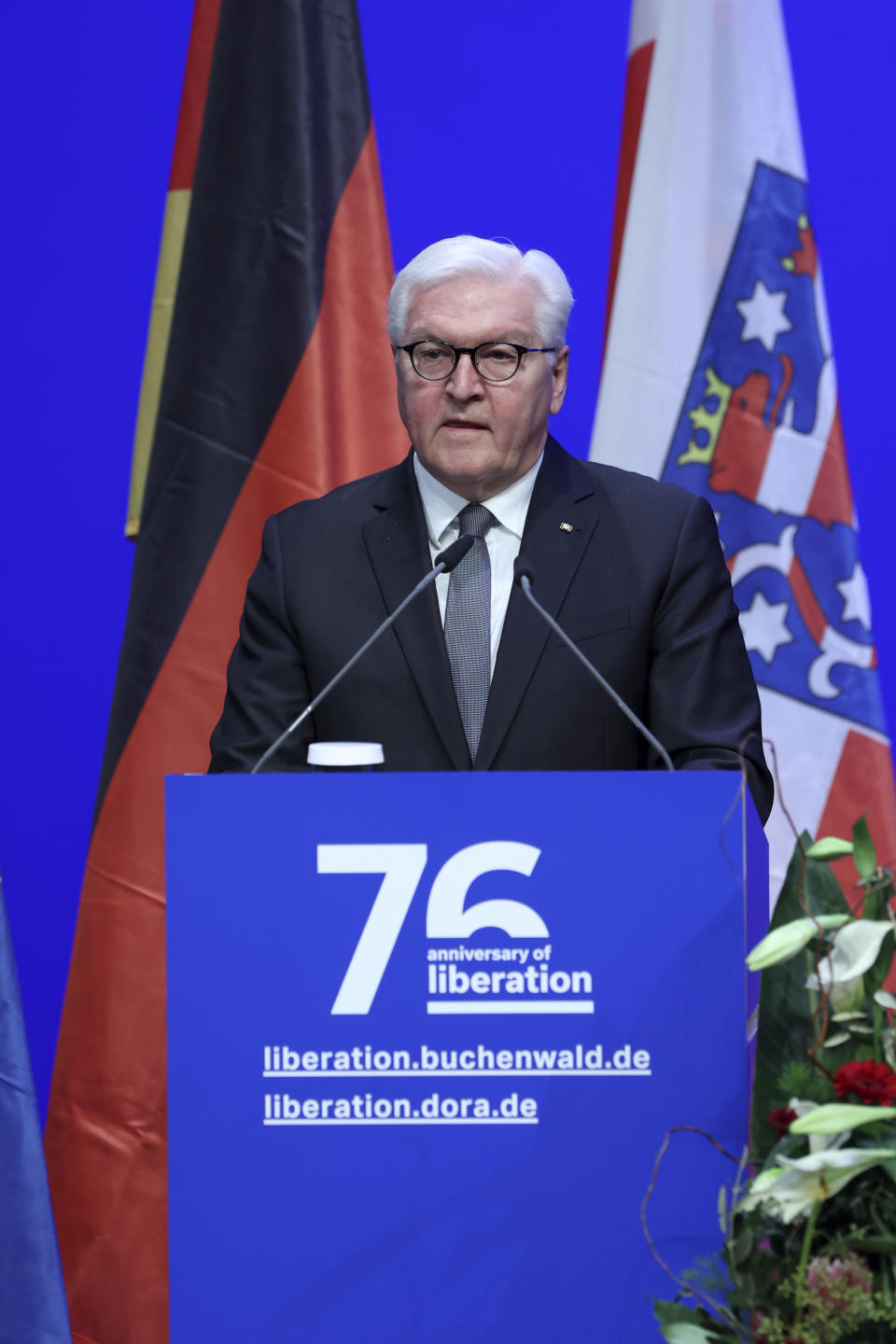 German President Frank-Walter Steinmeiner delivers a speech during an event in Weimar, Germany, April 11, 2021 commemorating the liberation of the Buchenwald and Mittelbau-Dora concentration camps. On the 76th anniversary the liberation of the Buchenwald concentration camp, Germany’s president reminds his compatriots of the inconceivable atrocities that were committed at the Nazis’ camp during the Third Reich. (Ronny Hartmann/Pool Photo via AP)