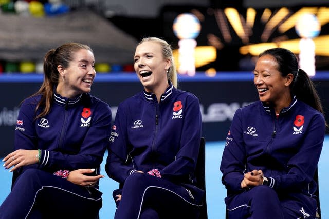 Great Britain’s Jodie Burrage, Katie Boulter and captain Anne Keothavong during the draw