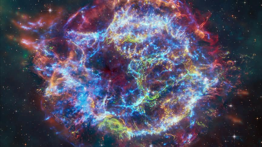  This image of the supernova remnant Cassiopeia A combines data from NASA's Chandra, James Webb, Hubble and Spitzer space telescopes. 