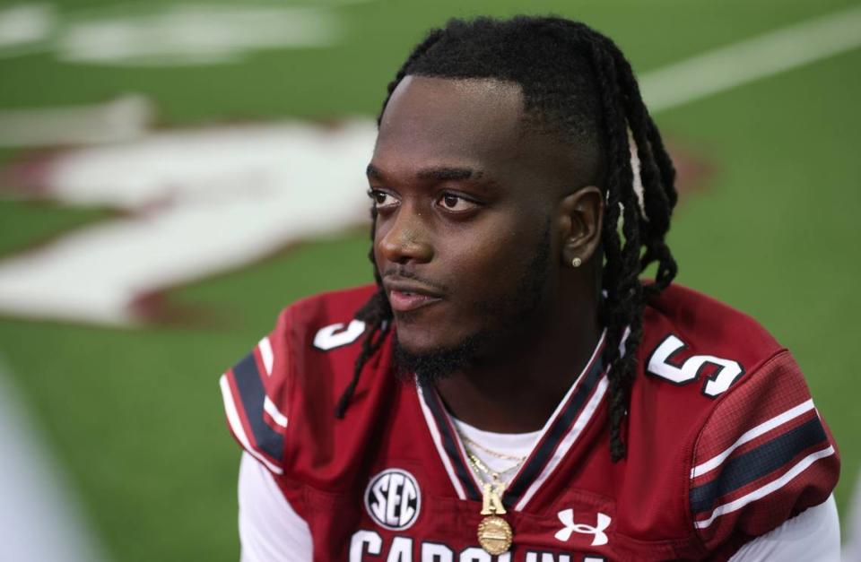 South Carolina running back Dakereon Joyner answers questions during Media Day at the Spurrier Indoor Practice Facility in Columbia on Thursday, August 3, 2023.