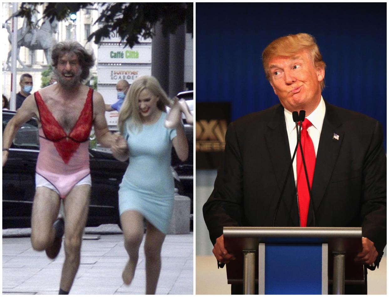 Left: Sacha Baron Cohen and Maria Bakalova  in a scene from Borat 2. Trump has called Baron Cohen a ‘creep' (Amazon Studios/Getty)