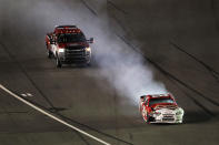 DAYTONA BEACH, FL - FEBRUARY 18: Kevin Harvick, driver of the #29 Budweiser Chevrolet, drives on the apron after a crash during the NASCAR Budweiser Shootout at Daytona International Speedway on February 18, 2012 in Daytona Beach, Florida. (Photo by Jamie Squire/Getty Images)