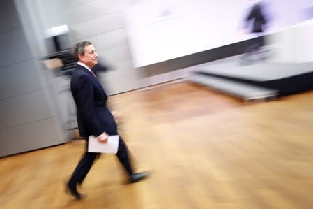 Mario Draghi, President of the European central Bank (ECB) arrives for a news conference on the outcome of the Governing Council meeting at the ECB headquarters in Frankfurt