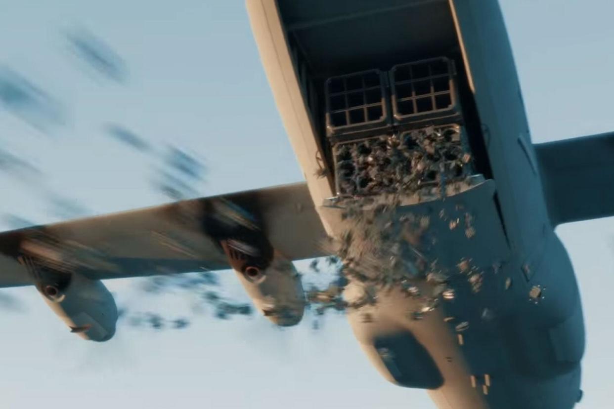 CGI of the drones being deployed from a plane