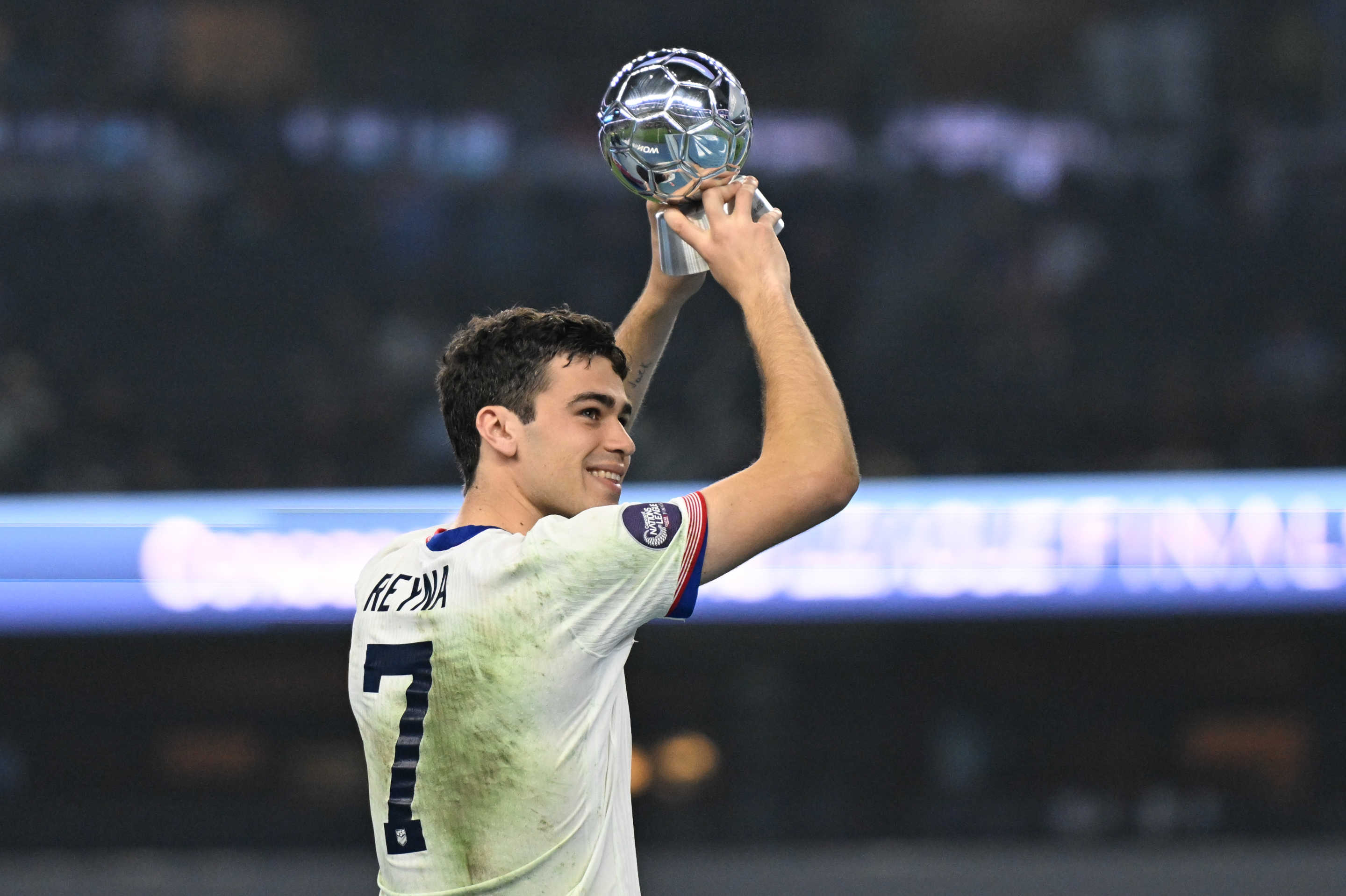 ARLINGTON, TEXAS - MARCH 24: Gio Reyna #7 of the United States wins the Concacaf Nations League Best Player Award after the Concacaf Nations League final match between Mexico and USMNT at AT&T Stadium on March 24, 2024 in Arlington, Texas. (Photo by Stephen Nadler/ISI Photos/USSF/Getty Images for USSF)