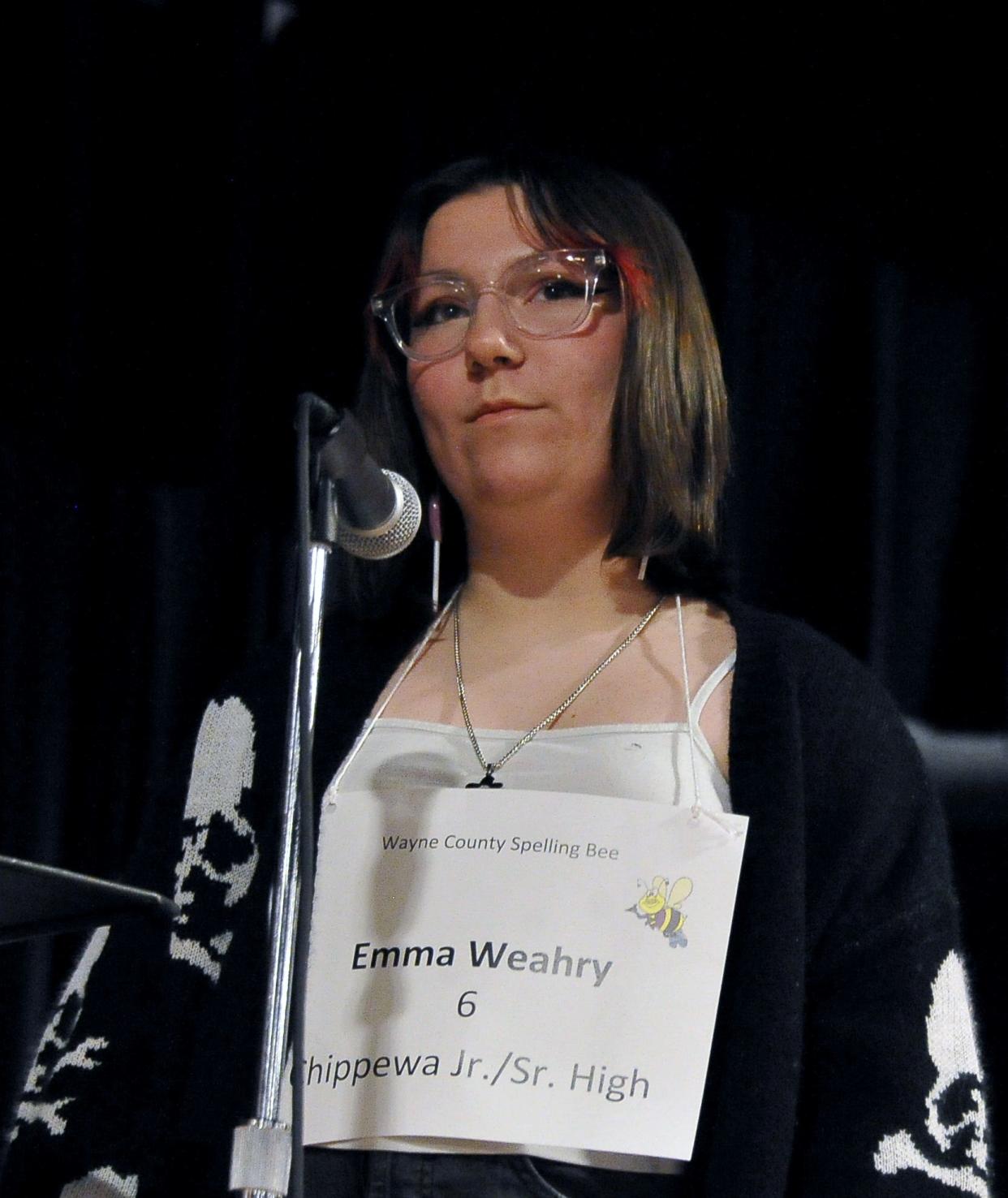 Emma Weahry, Chippewa Jr./Sr. High, competes in last year's Wayne County Spelling Bee. Weahry, who finished second last year, will be competing for top honors this year at Orrville High School on Tuesday.