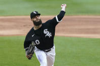 Chicago White Sox starting pitcher Dallas Keuchel delivers during the first inning of the team's baseball game against the Boston Red Sox on Thursday, May 26, 2022, in Chicago. (AP Photo/Charles Rex Arbogast)